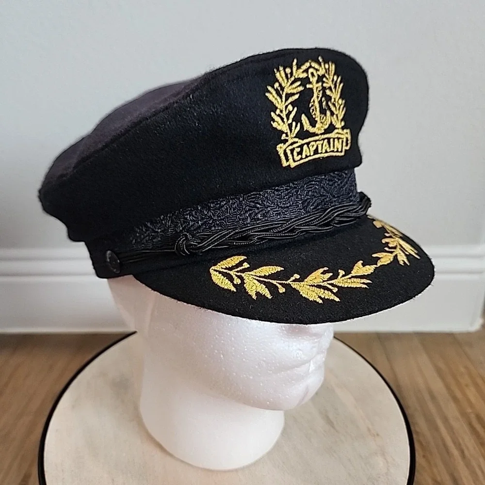 Vintage RARE Aegean Greek Fishermans Captain Cap Black Wool Greece Costume Prop